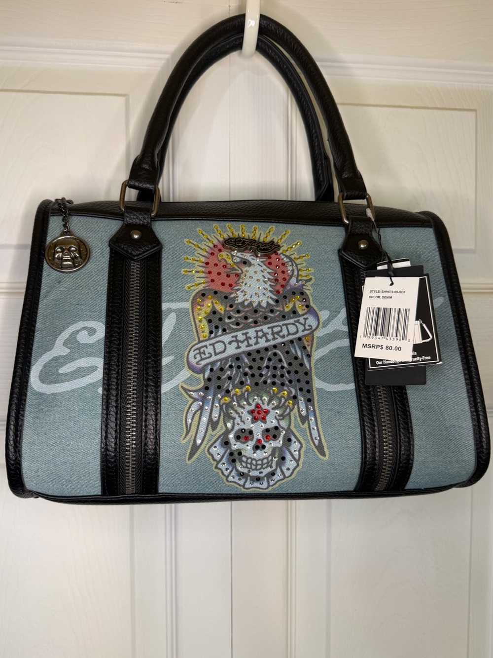 Ed Hardy Light Blue and Black Satchel with Embellished Eagle & Skull 12x10” NWT